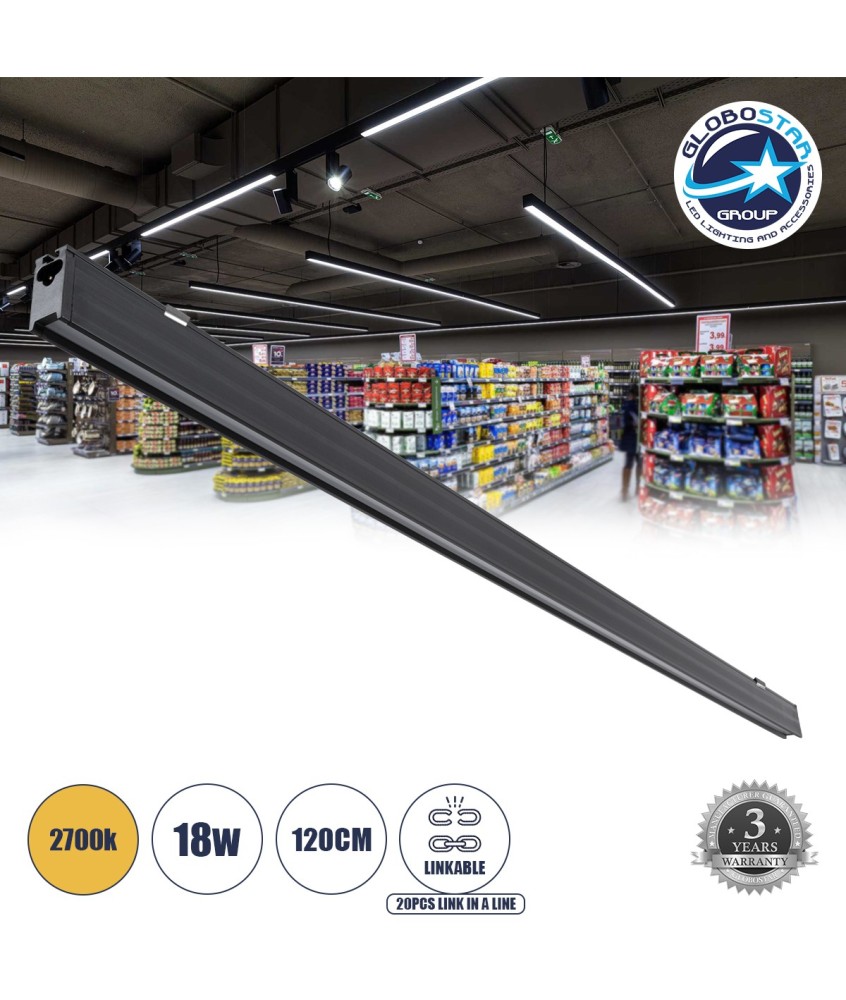 GloboStar® MARKET 61022-S Γραμμικό Φωτιστικό Οροφής Linear LED 18W 2170lm 60° AC 220-240V Μ120 x Π2 x Υ4cm Θερμό Λευκό 2700K - Μαύρο - 3 Years Warranty